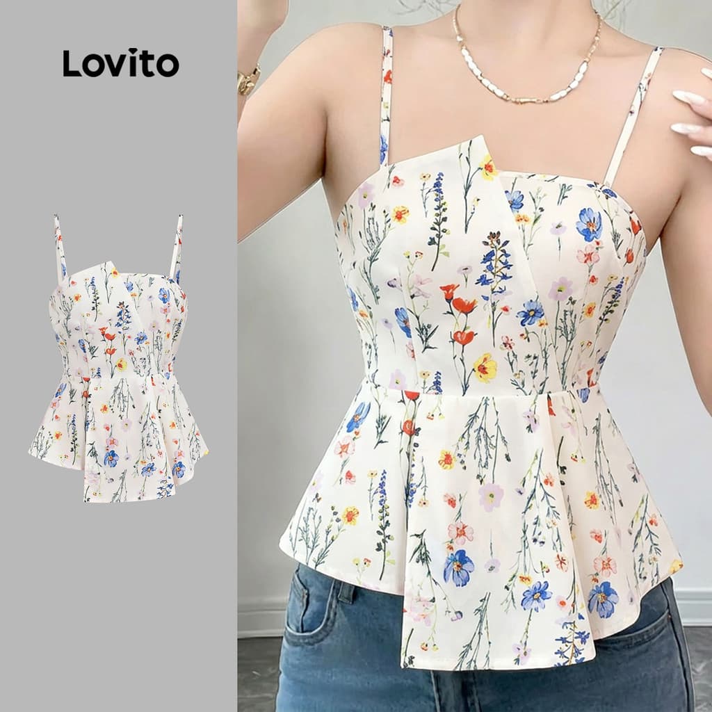 (New Arrival) Lovito Floral Boho Top Assimétrico de Camada Dupla com Flores Top Feminino Primavera/Verão LK7AD301