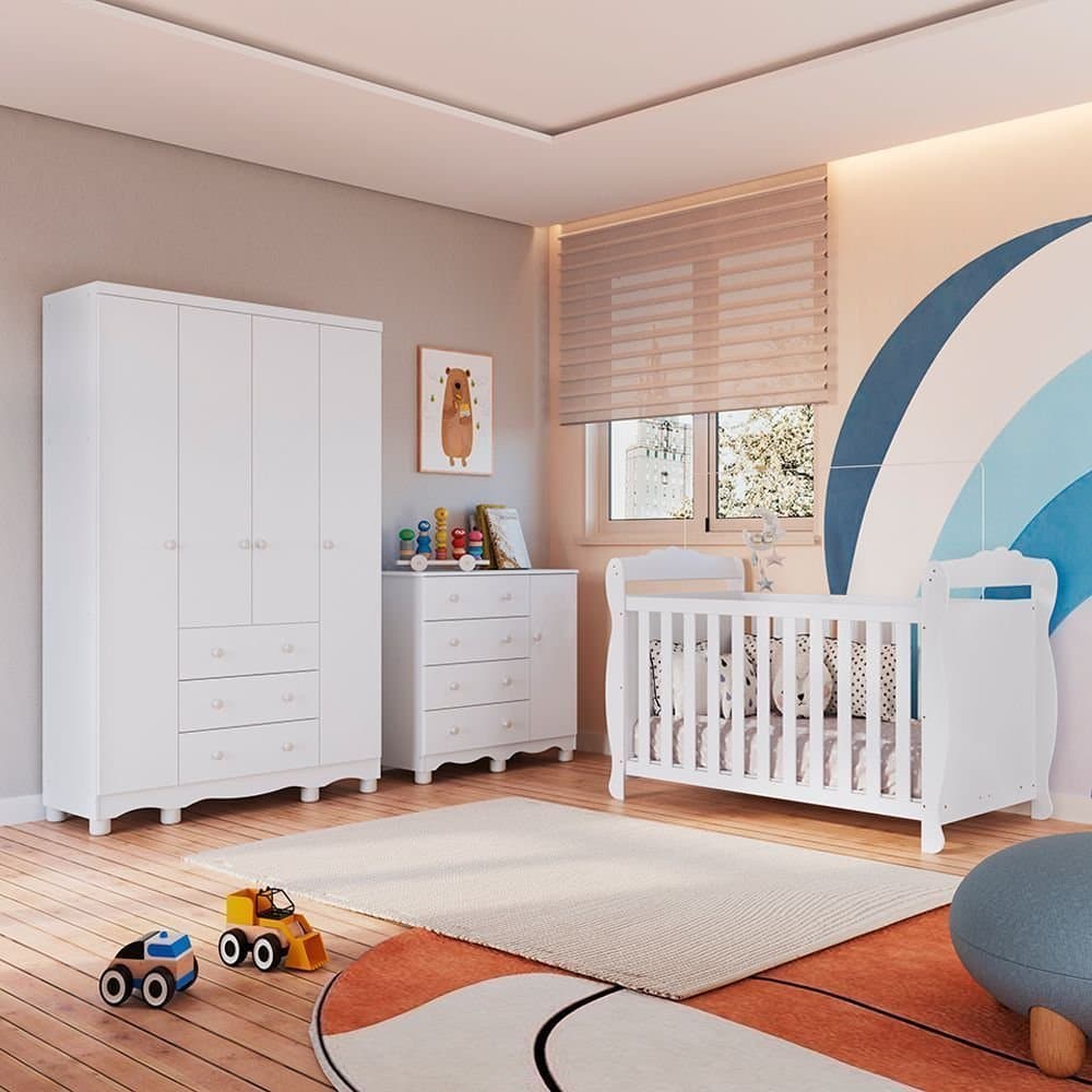 Quarto de Bebê Completo Berço 3 em 1, Cômoda e Guarda Roupa 100% MDF Nina Espresso Móveis Branco Branco Brilho