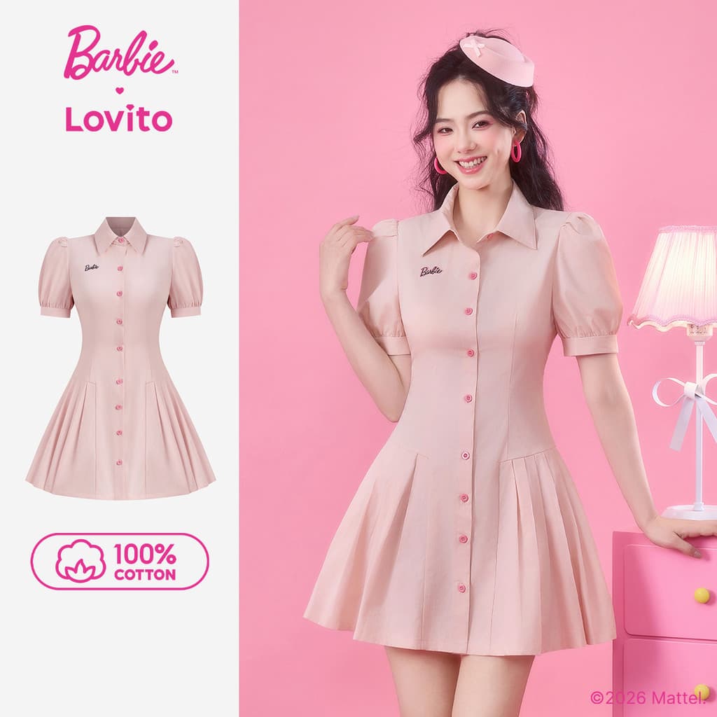 Barbie™ X Lovito Casual Vestido Preppy Bordado 100% Algodão Botões Rosa Primavera/verão Feminina LB1AD025