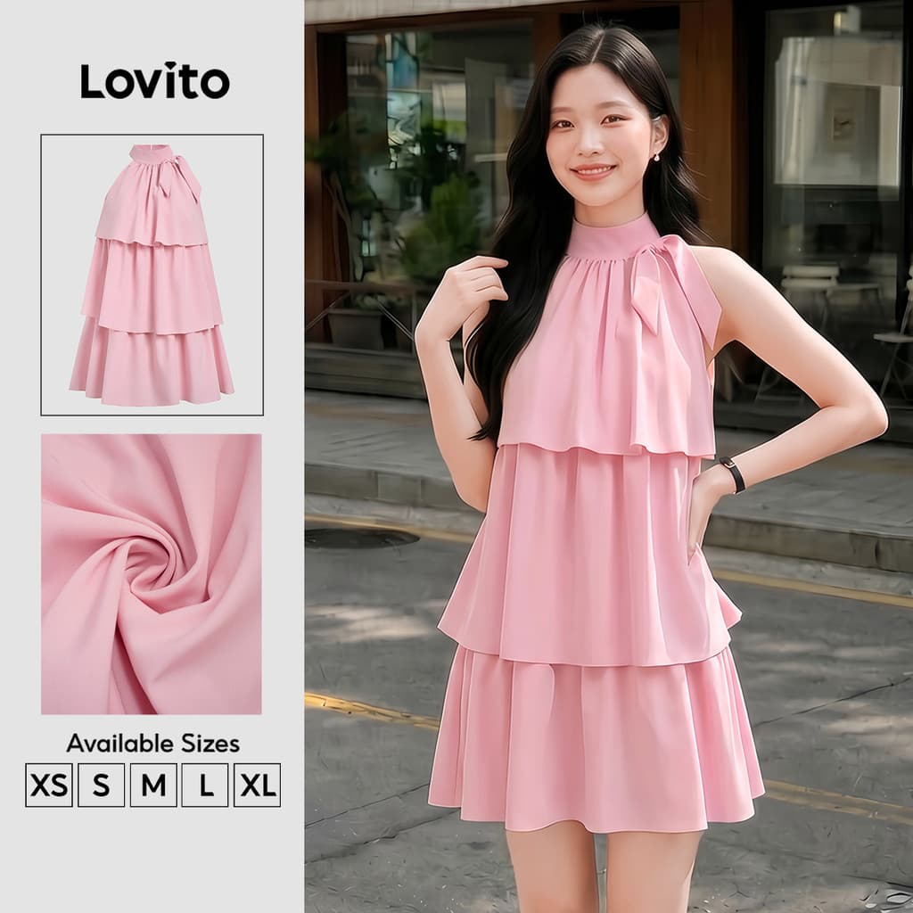 Lovito Casual Vestido com babados na frente primavera/verão vestido rosa para mulheres LK3ED1771