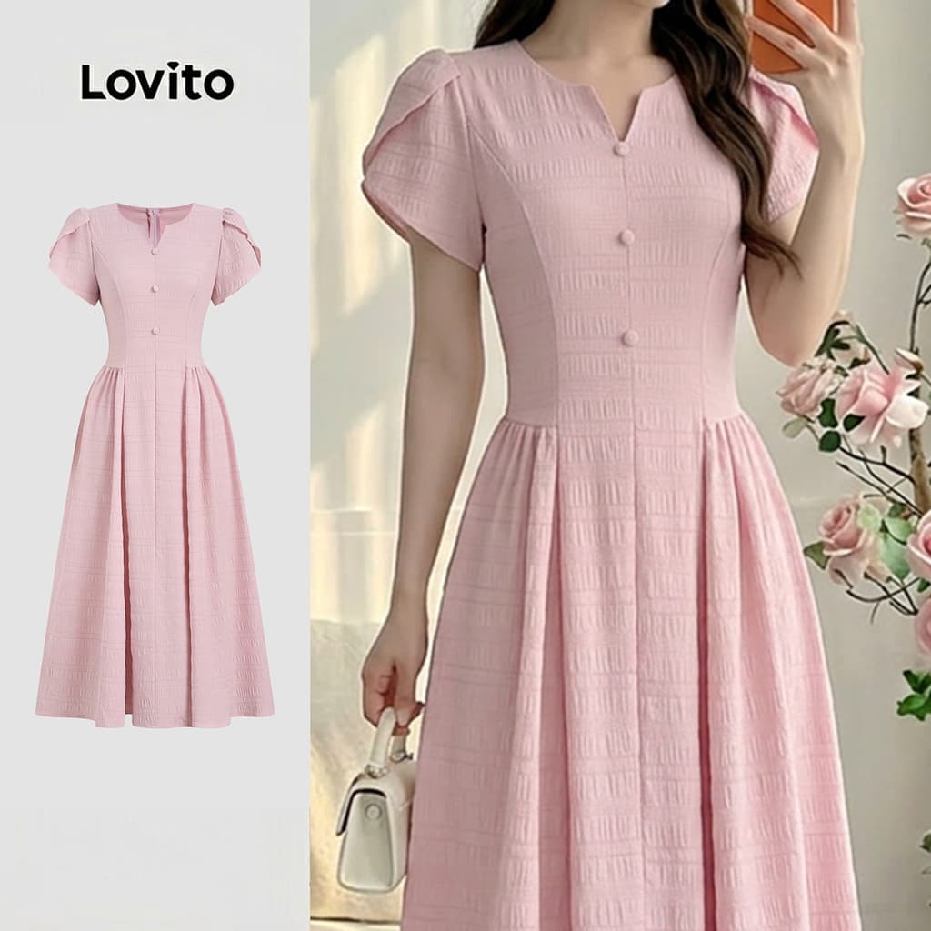 (New Arrival) Lovito Vestido Elegante Feminino com Pregas Confortável Estiloso Primavera/verão Rosa LK7ED1353
