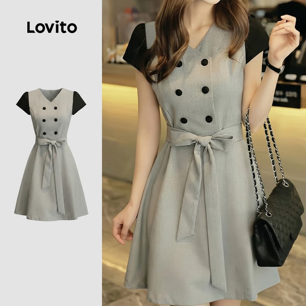 (New Arrival) Lovito Vestido com Blocos de Cores e Botões para Mulheres Cinza primavera/verão LK7AD267