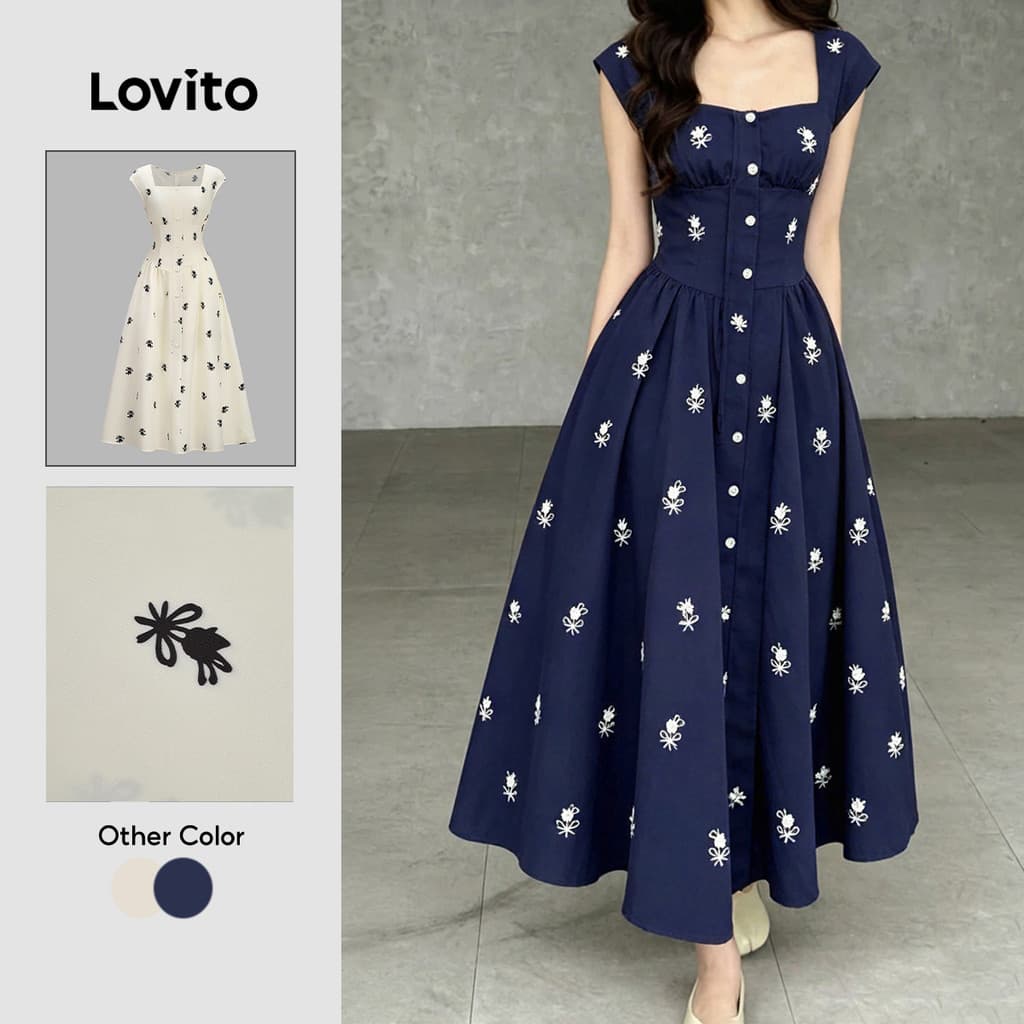 (New Arrival) Lovito Vestido Elegante com Botão Primavera/verão Vestido Azulescuro para mulheres LBL36139