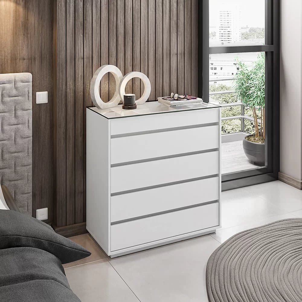 Cômoda 5 Gavetas com Organizador Tampo Vidro Belize Branco Branco
