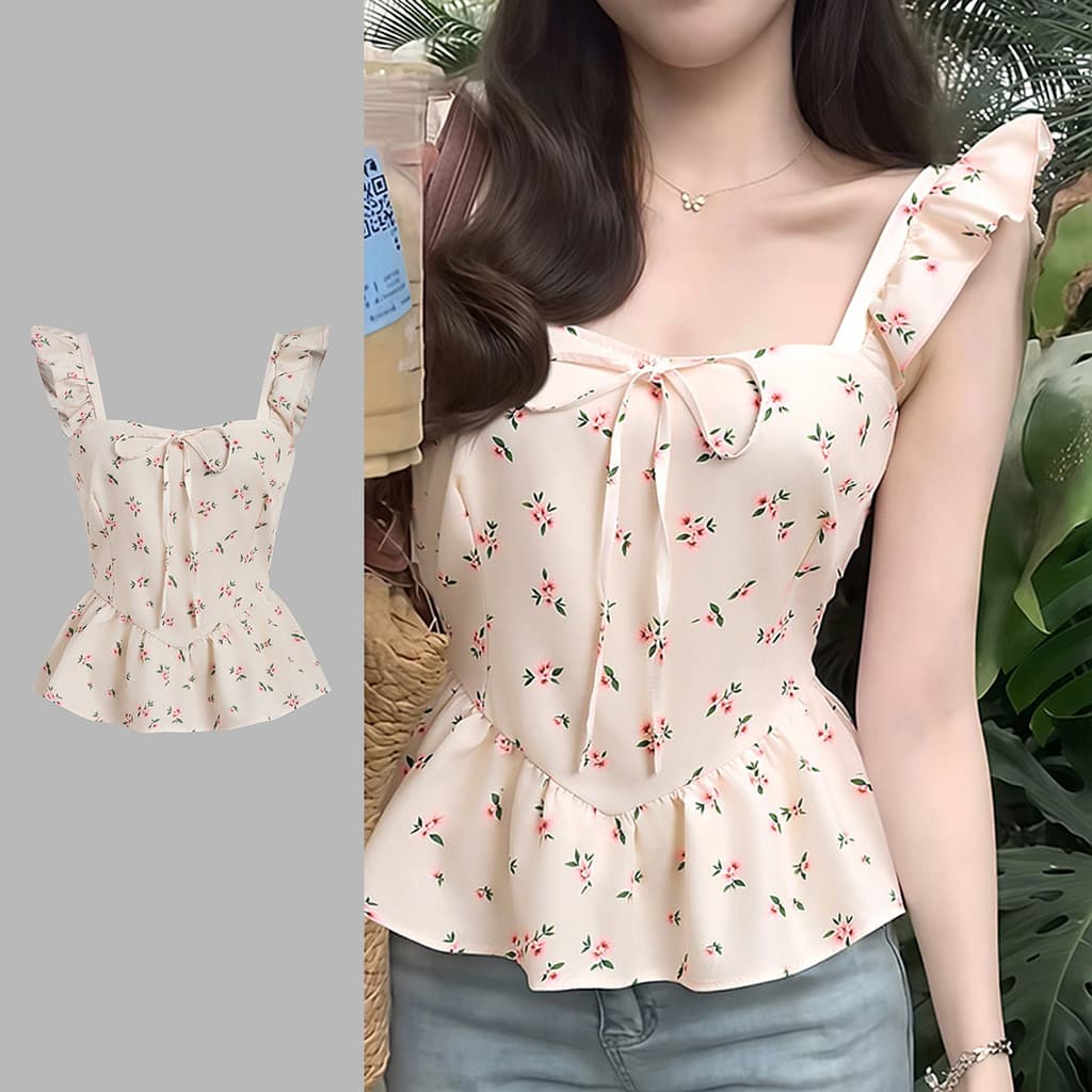 (New Arrival) Lovito Top Boho Plissado com Laço Frontal - Blusa Feminina para Primavera/Verão LK4ED593