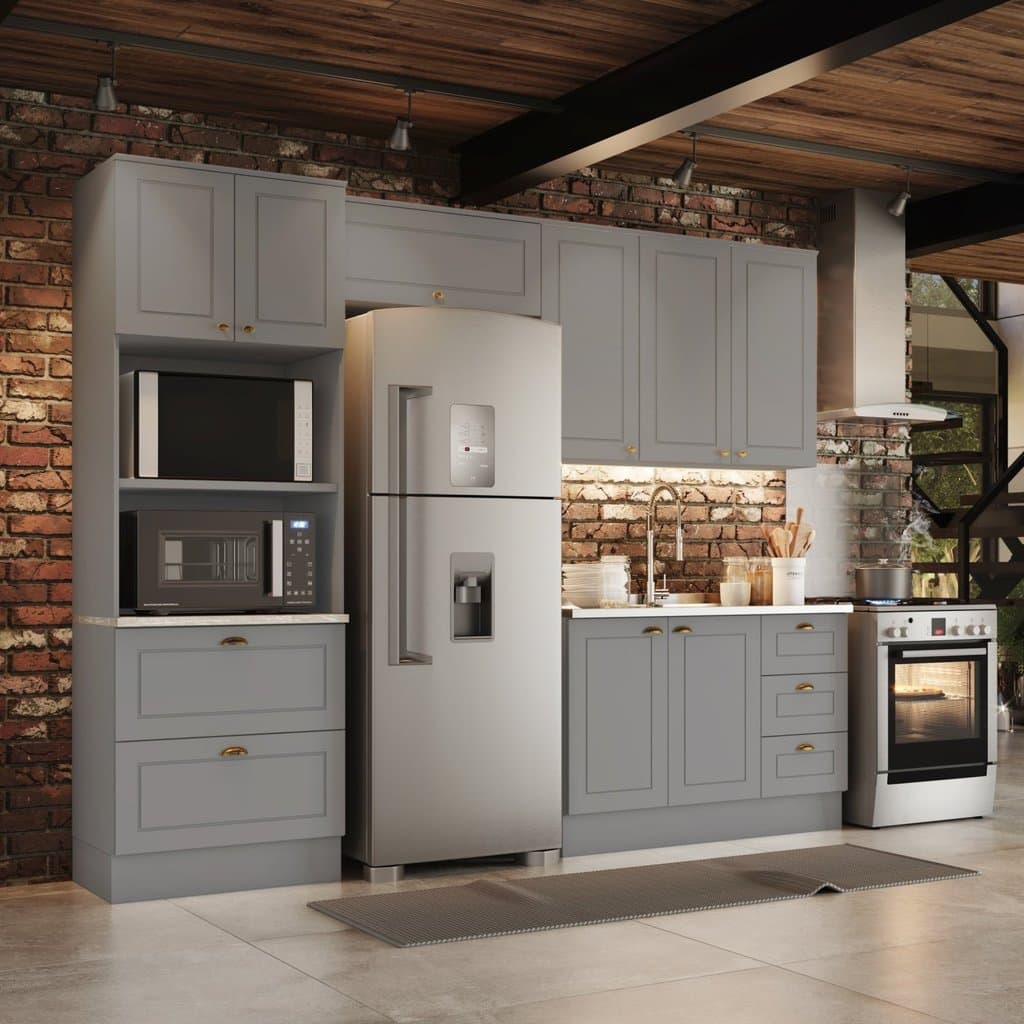 Cozinha Compacta Modulada 4 Peças Emily Cinza/Calcare Cinza/Calcare