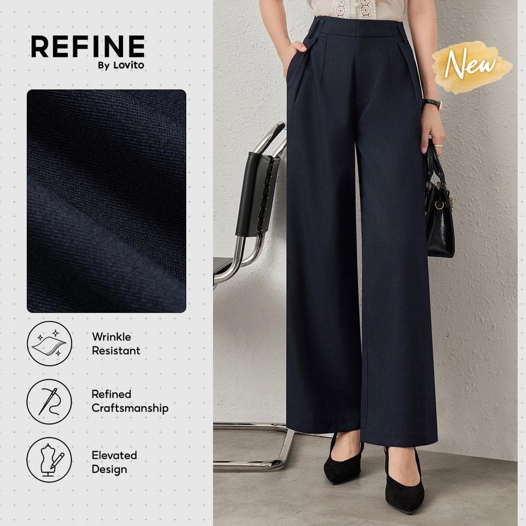 (New Arrival) (Refine by Lovito) Calça Social AntiAmarrotada Drapeada Bolso Azul Marinho Trabalho PTR42P1D042