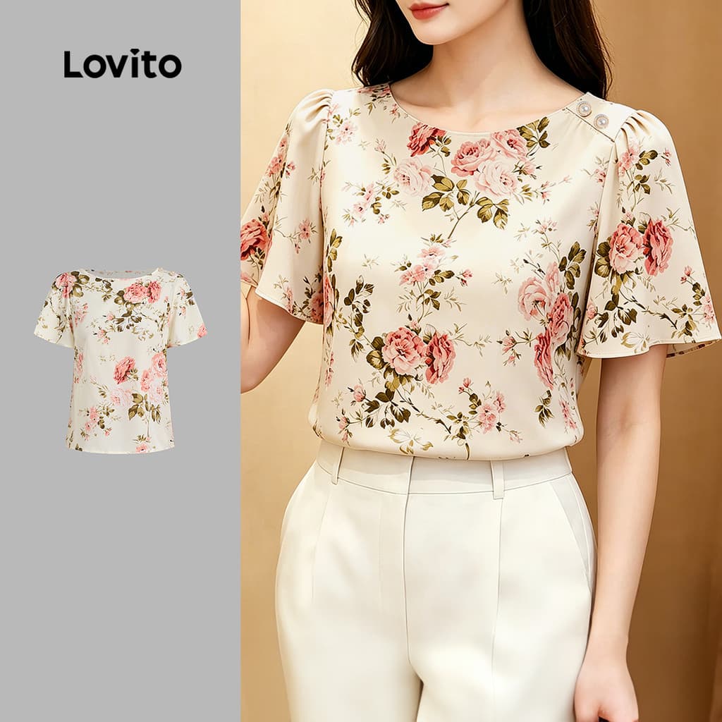 (New Arrival) Lovito Blusa Casual com Padrão de Botões e Babados Blusa Primavera/verão para Mulheres L195AD010