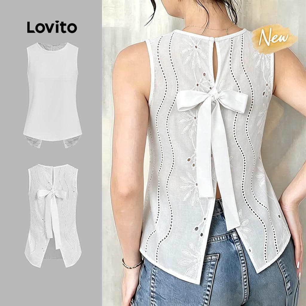 (New Arrival) Lovito Top Boho Feminino com Laço Traseiro e Pregas Branco Primavera/Verão TKK8P1D670