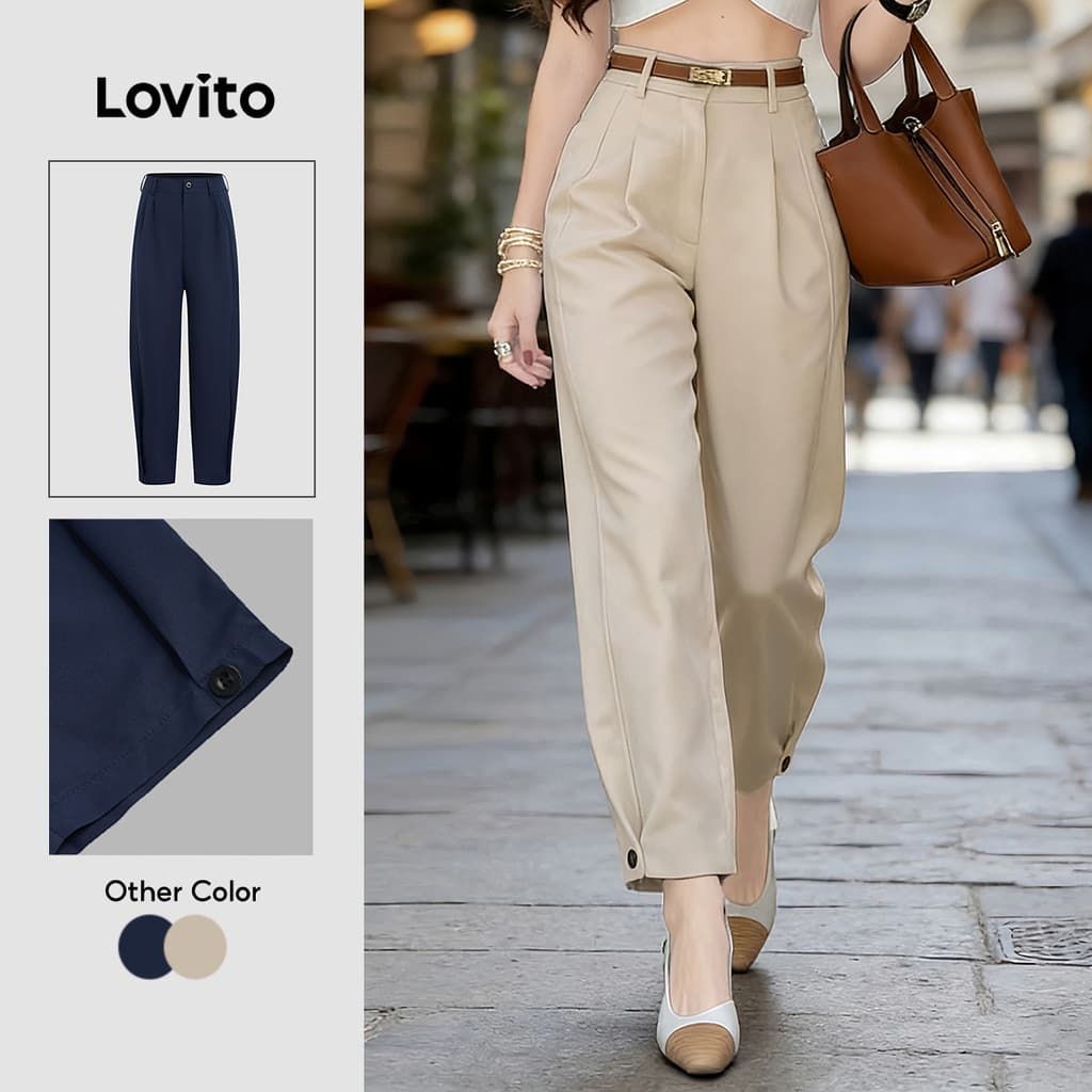 (New Arrival) Lovito Calça Casual com Botão Primavera/verão Calça Caqui Feminina L195AD156