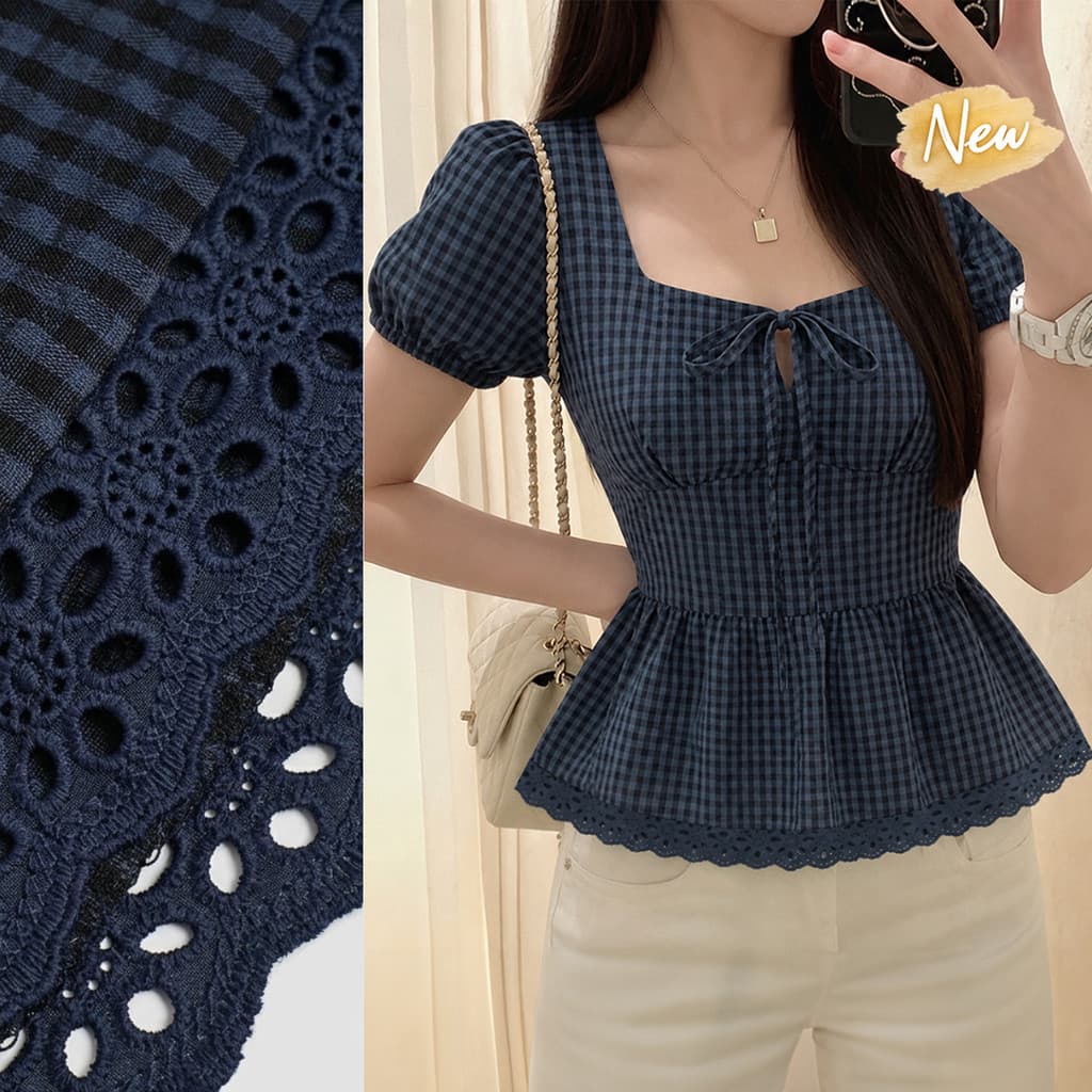 (New Arrival) Lovito Blusa Casual de Renda Azulmarinha de Primavera/verão para Mulheres Bordado LBL37082