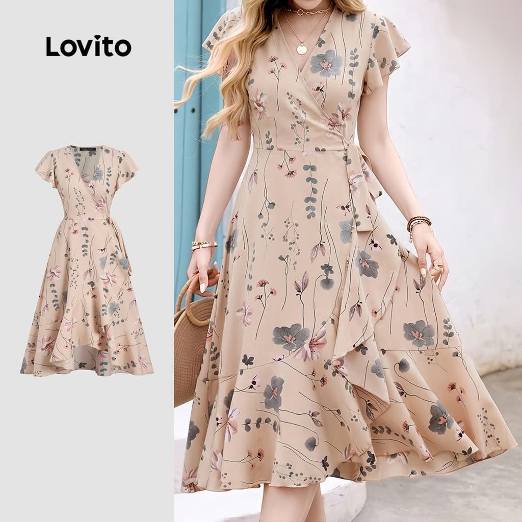 (New Arrival) Lovito Vestido Elegante Leve em Caqui Claro para Mulheres primavera/verão LK7ED244