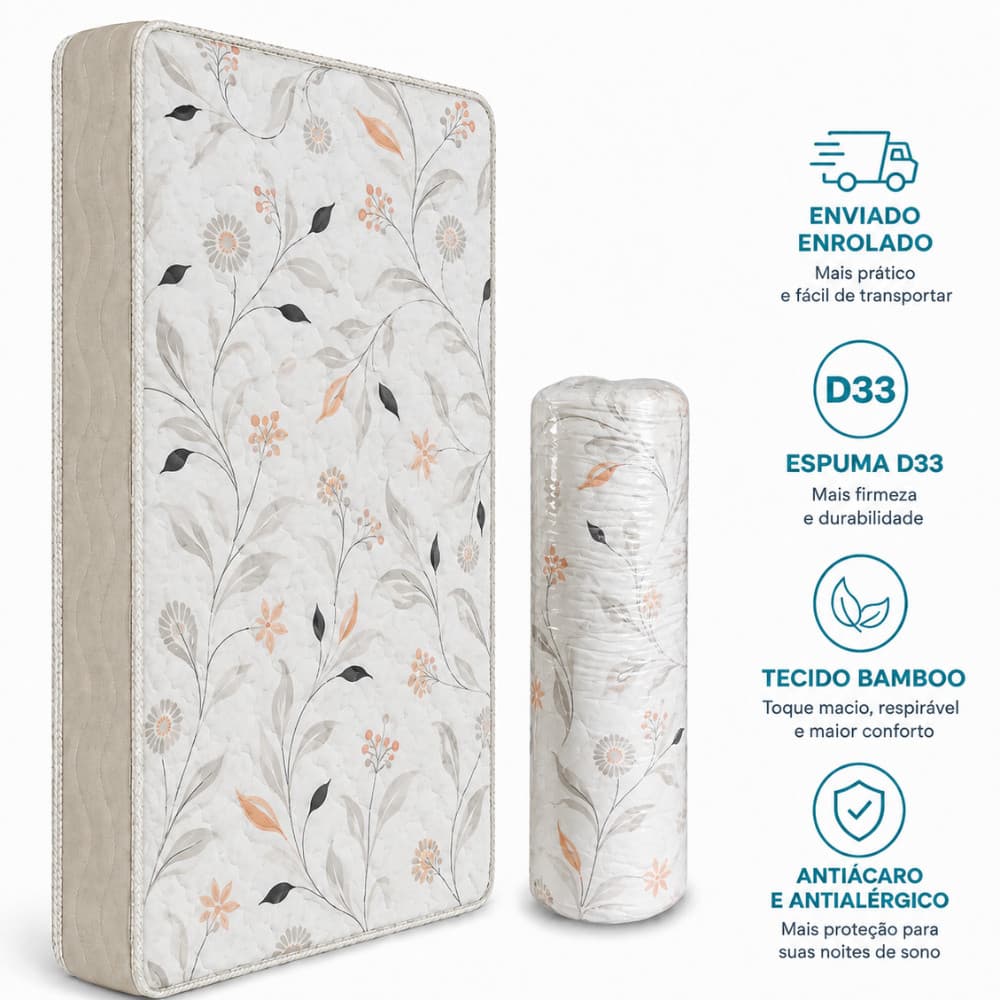 Colchão Casal D33 Espuma Ortopédico Embalado a Vácuo Certificado Inmetro 188x138x12 cm Alta Qualidade e Conforto - AV