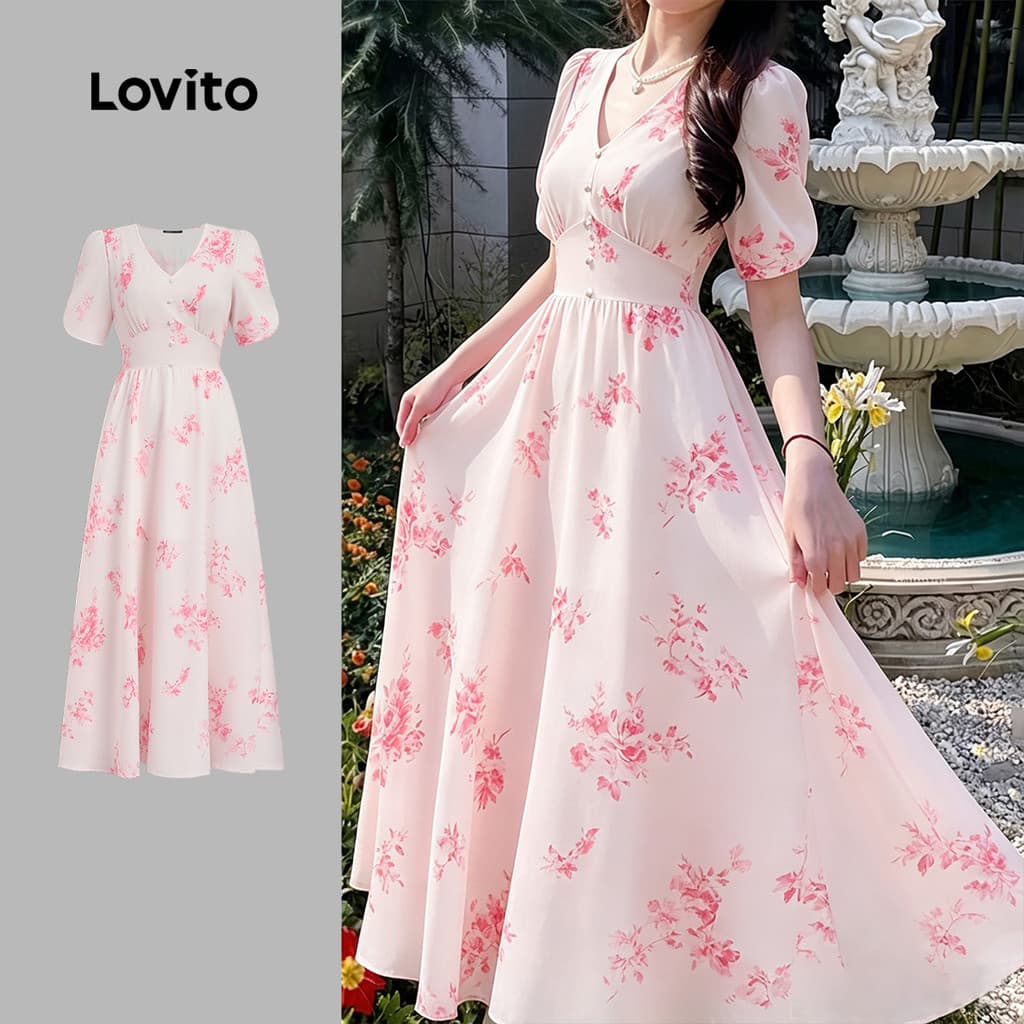 Lovito Vestido Midi Rosa De Primavera/verão Com Decote Em V Mangas Bufantes E Zíper Estampa Floral Para Férias Para Mulheres LR35E014