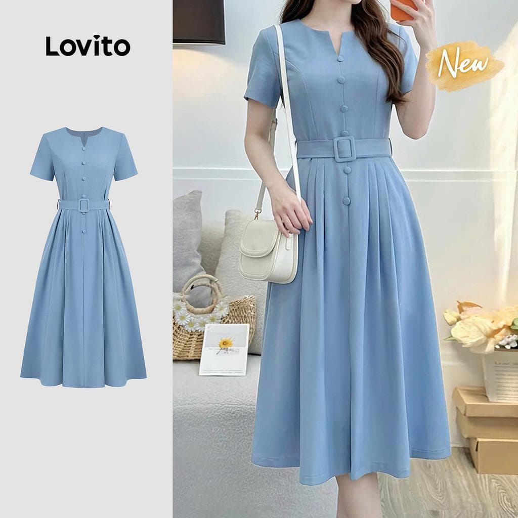 (New Arrival) Lovito Vestido Elegante com Cinto e Botões Plissados para Primavera/verão Azul feminino LBL37074