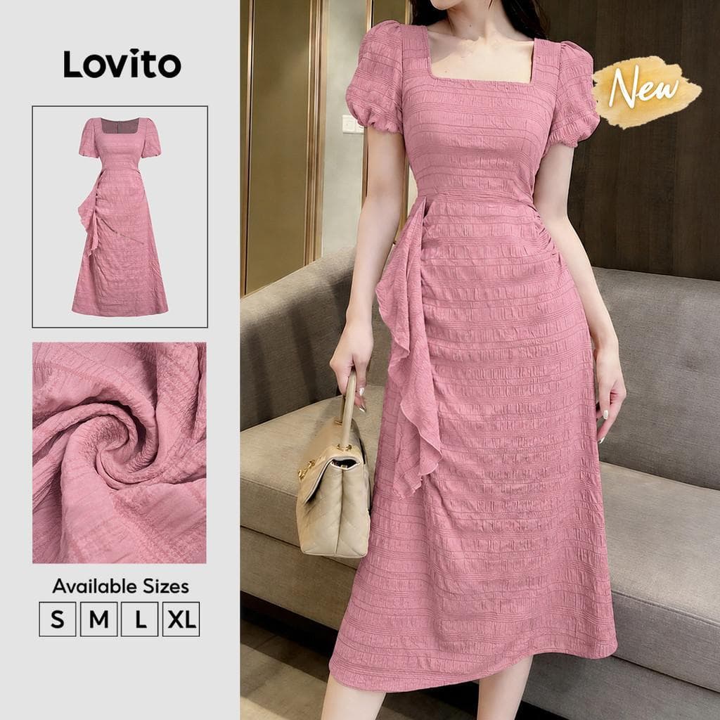(New Arrival) Lovito Vestido Elegante com Zíper e Babados Rosa Primavera/verão para mulheres DRBR37BR058