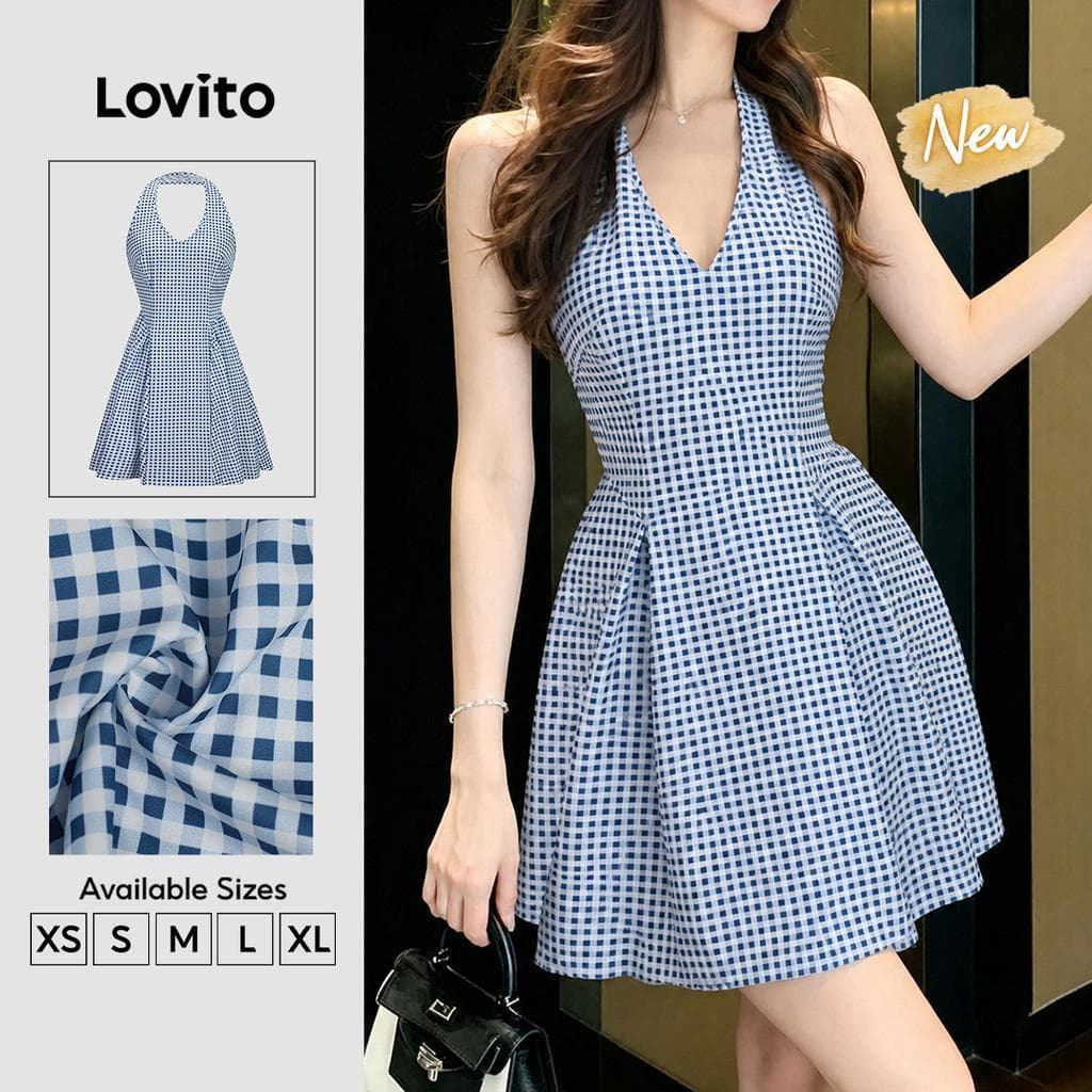 (New Arrival) Lovito Vestido Casual Azul e Branco Feminino Primavera/verão Simples DRK8P2D920