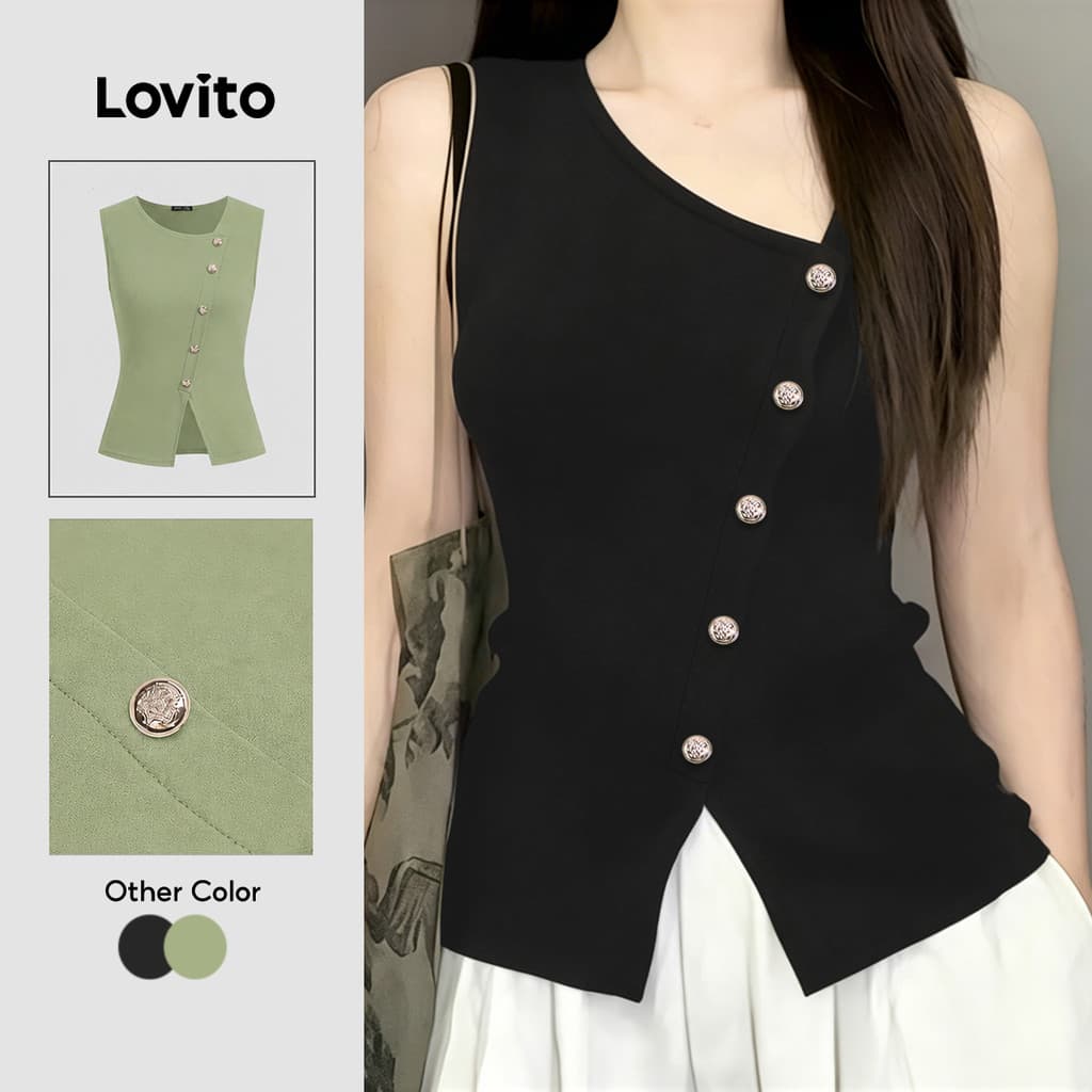 (New Arrival) Lovito Casual Top Feminino com Botão Assimétrico Frente Dividida Primavera/verão preto L195ED037