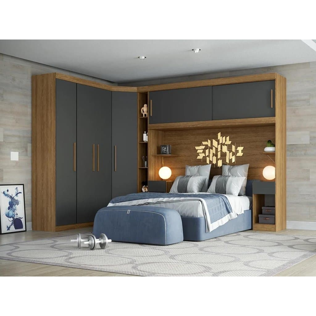 Guarda Roupa Casal Modulado 5 Peças 6 Portas Ipê Wood/Grafite Gênova Plus Cinza Ipê Wood/Grafite