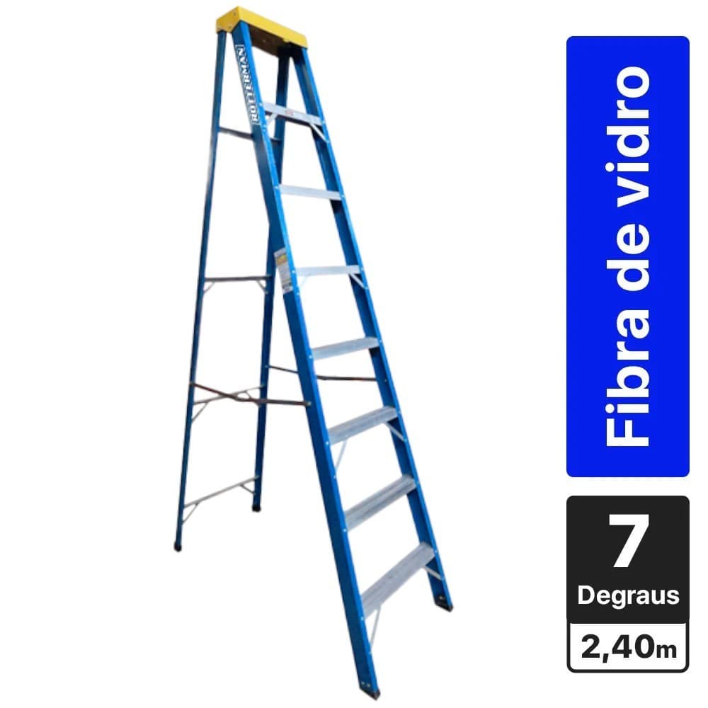 Escada tesoura simples em fibra de vidro 7 degraus + patamar 2,40 m- Premium