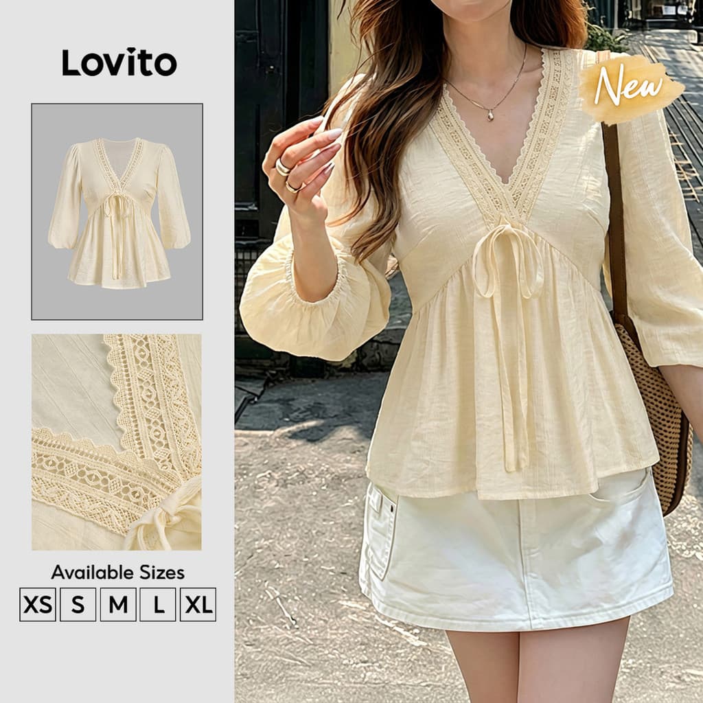 (New Arrival) Lovito Blusa Casual com Design de Amarração em Renda Estilo Resort Cor Damasco Feminina Bordado BLK8TD257
