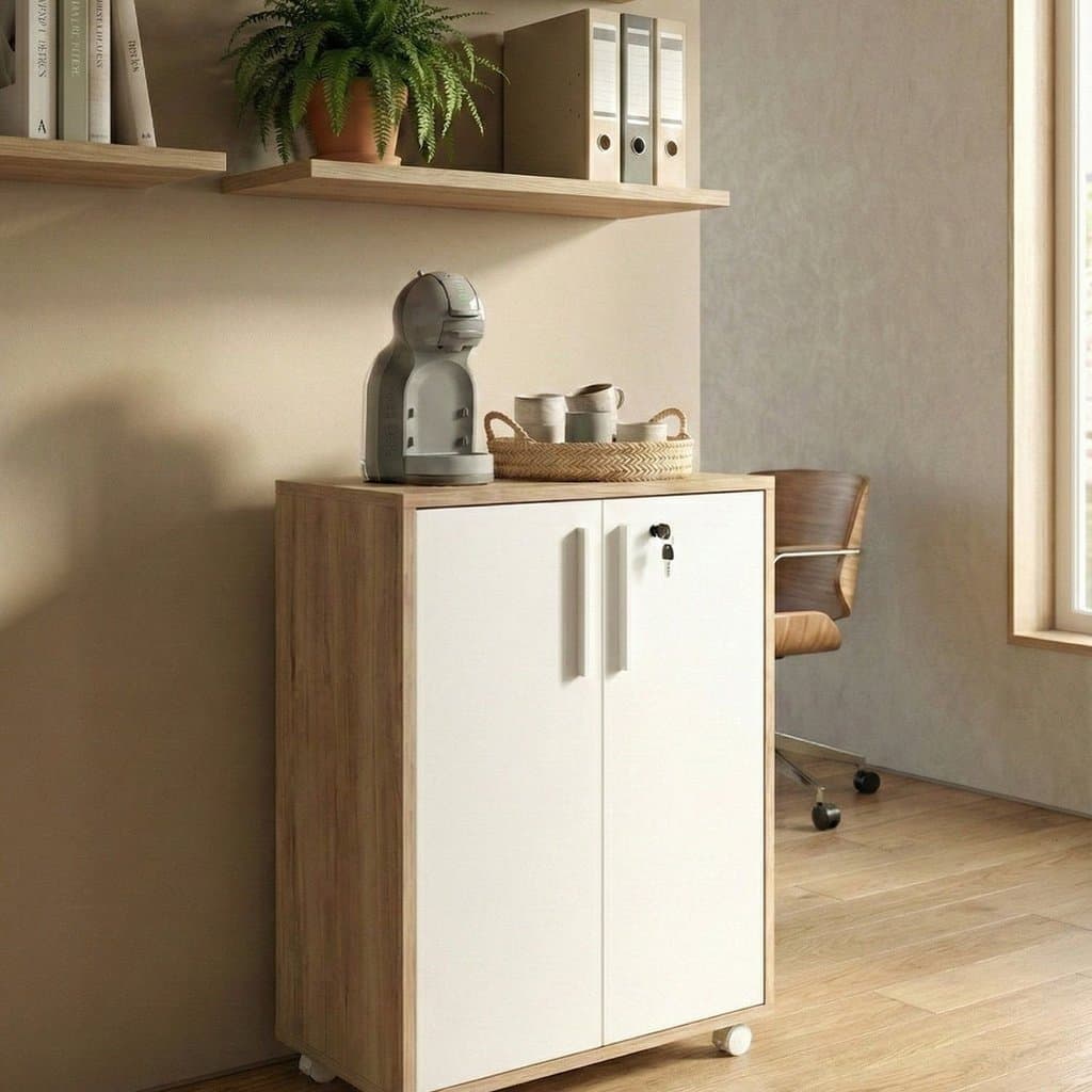 Balcão Multiuso 2 Portas com Chave MDF Marrom/Lamina Mel/Branco