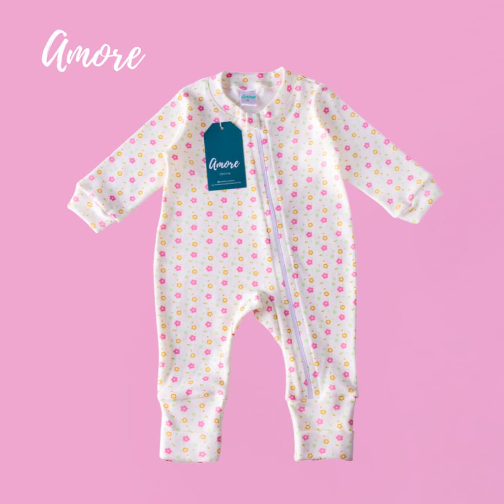Macacão Bebê Vira Pé Amore com Zíper Floral 100% Algodão