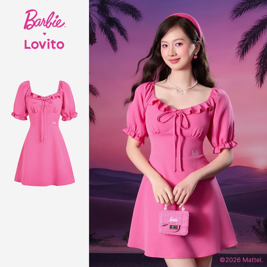 Barbie™ X Lovito Vestido Rosa-Rose Mini Feminino Primavera/Verão Modelo A Laço Bordado e Zíper LBL5AD016