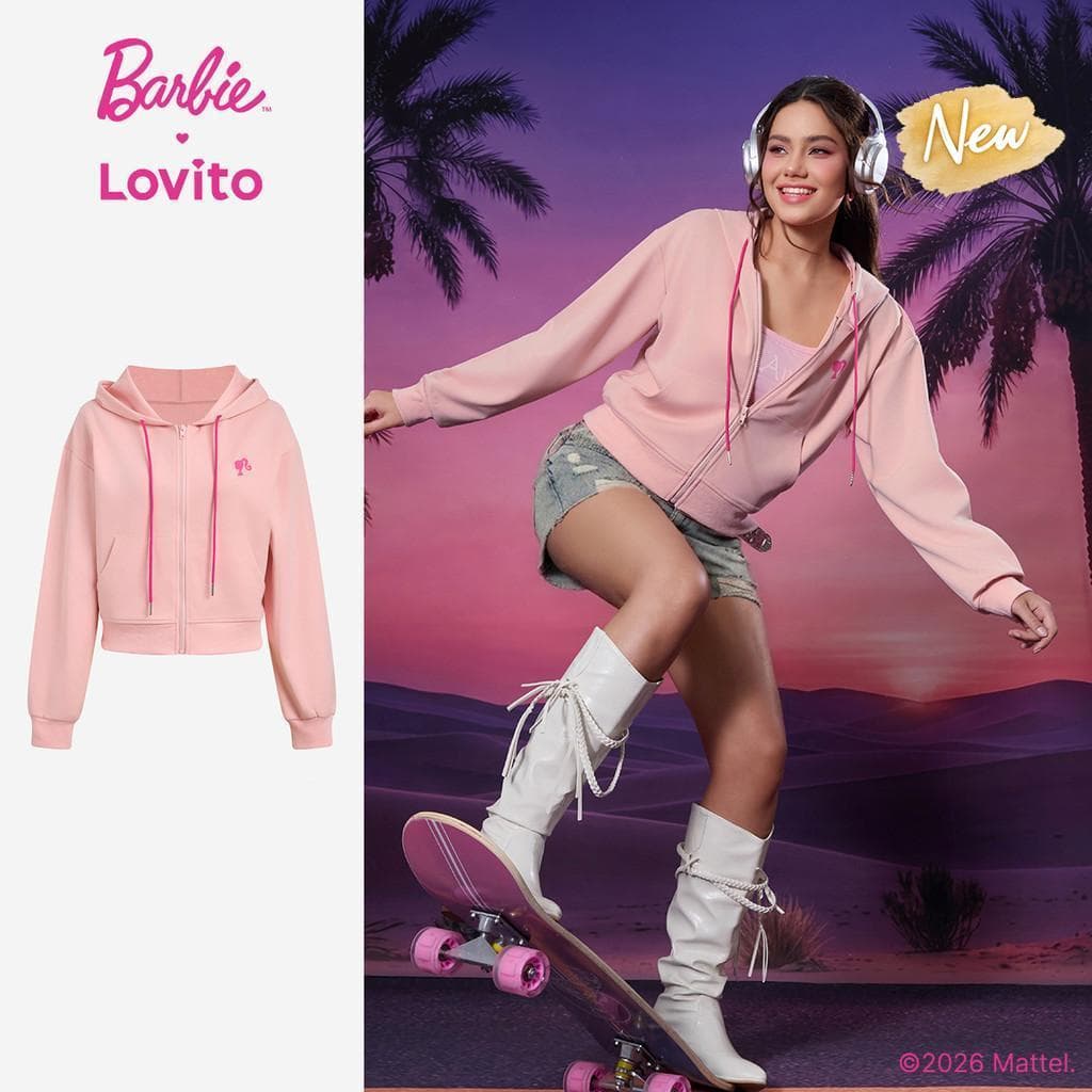 Barbie™ X Lovito Jaqueta Rosa Feminina Outono/Inverno Manga Longa Capuz Bloco de Cor e Zíper LBL5AD022