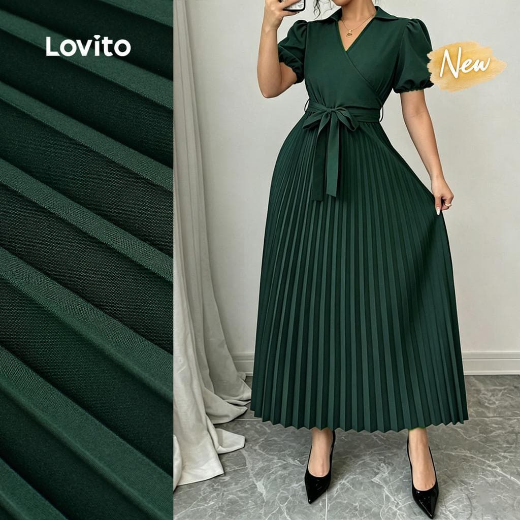 (New Arrival) Lovito Vestido Elegante Plissado com Cinto Vestido Verde de Primavera/verão para Mulheres LBL37172