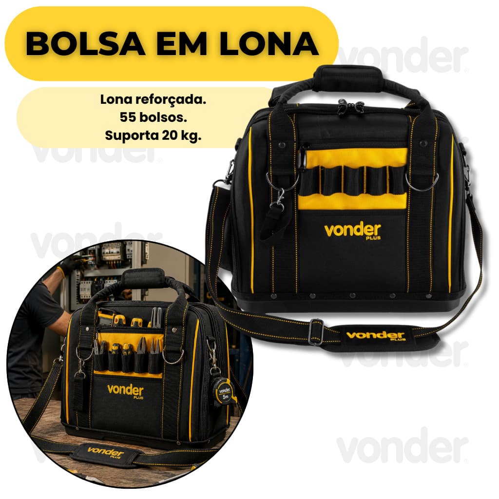 Bolsa Em Lona Para Ferramentas Vonder Plus Reforçada 55 Bolsos Base Rígida Impermeável 20kg