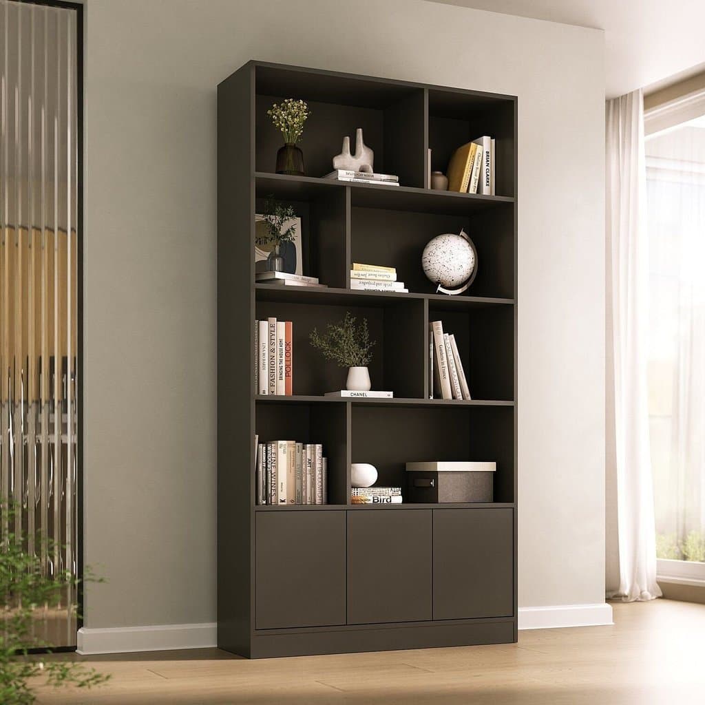 Estante de Livros 100% MDF 94CMX180,5cm 3 Portas 8 Nichos Versatile Yescasa Preto Preto