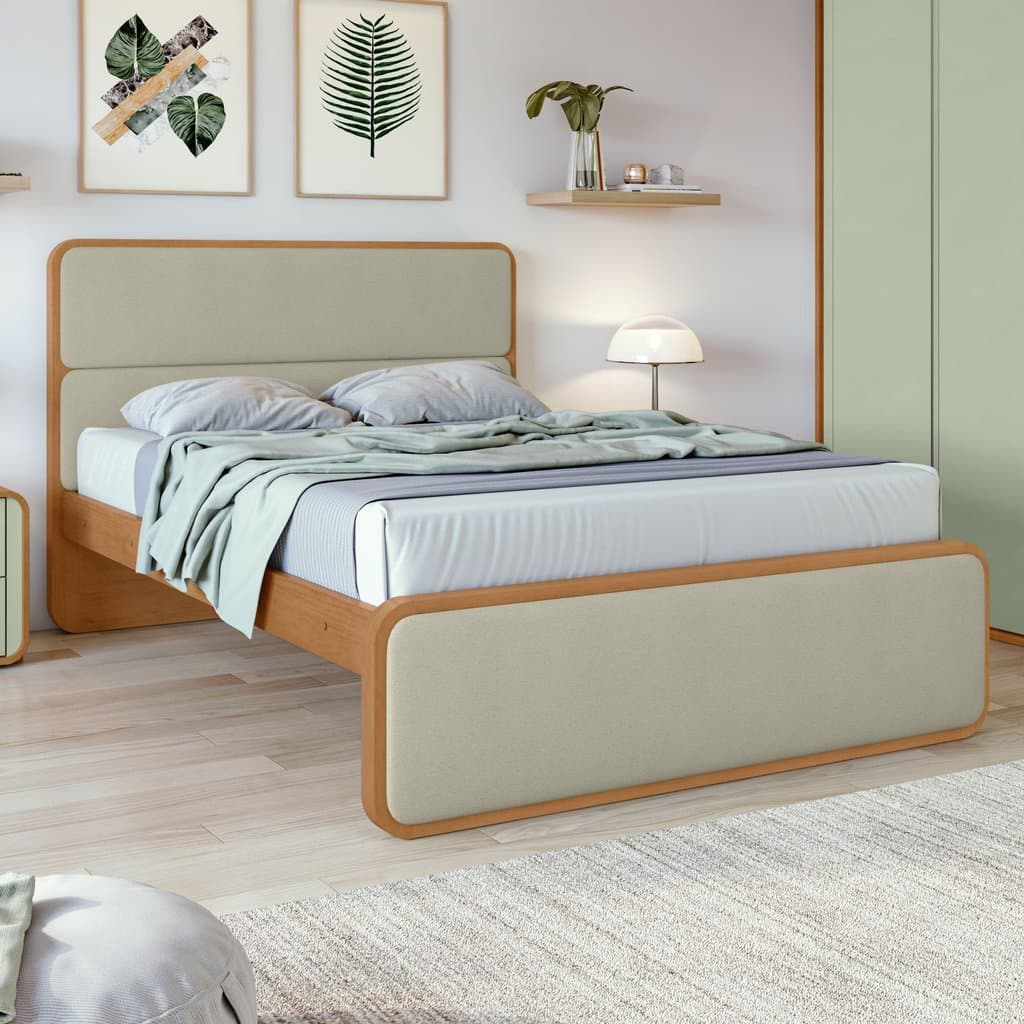 Cama de Casal Cabeceira Estampada Madeira Loop 151cm Amêndoa Clean Sálvia Amêndoa Clean/Salvia