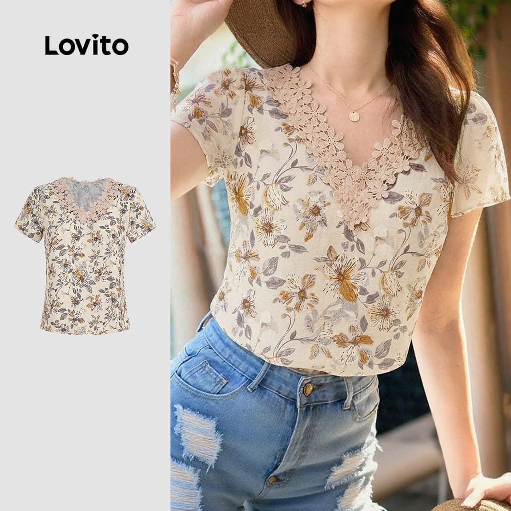 (New Arrival) Lovito Blusa Boho com Babado No Pescoço Blusa de Primavera/verão para Mulheres L195ED215