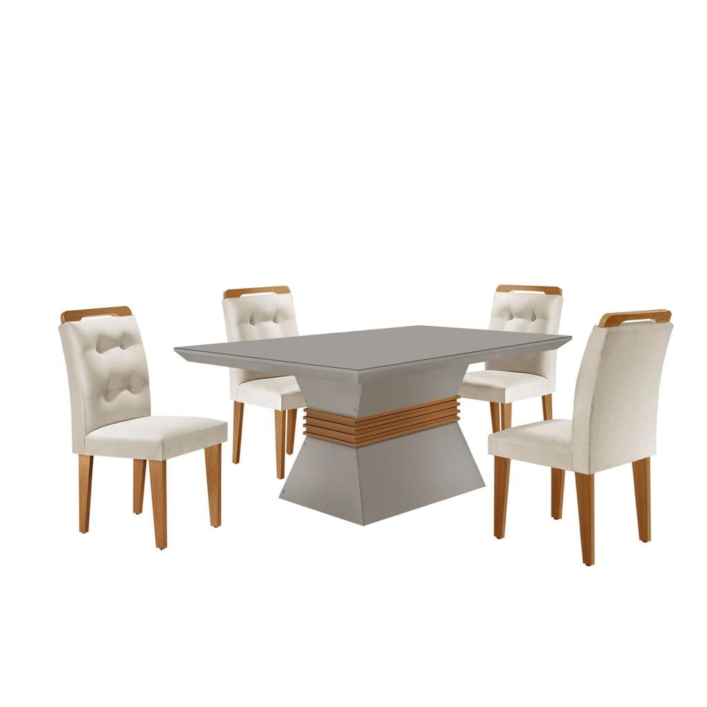 Conjunto Sala de Jantar Mesa Clarice 120x80cm Tampo Vidro/MDF Canto Reto com 4 Cadeiras Valentina Branco/Veludo