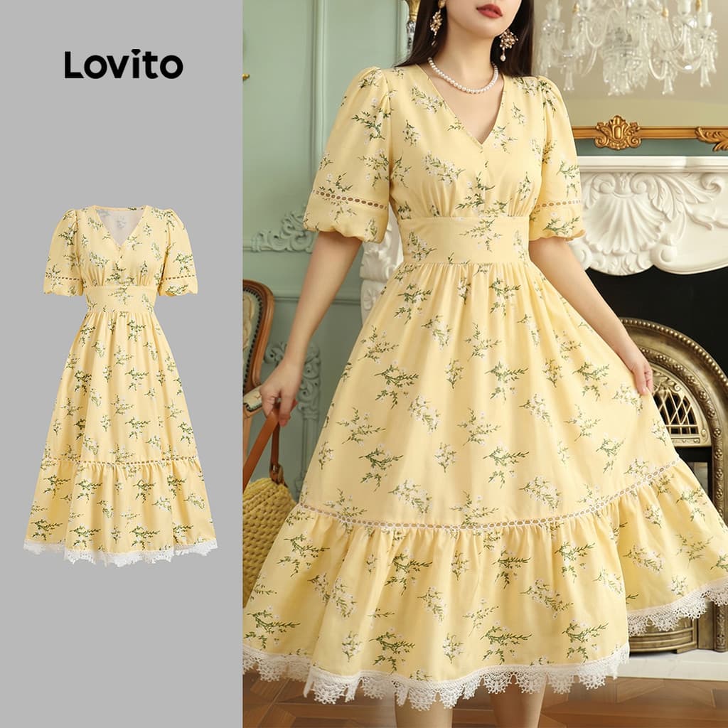 Lovito Vestido Midi Amarelo Elegante Estilo Coreano Com Estampa Floral Manga Curta Decote Em V Babados Zíper Cintura Alta E Modelagem Evasê Para Primavera/verão Para Mulheres LR13L170
