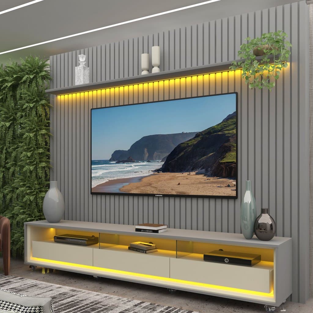 Rack com Painel Ripado para TV até 90 Polegadas 100% MDF com LED 228,8CMX295CM 3 Gavetas com Rodízios Naturale Yescasa