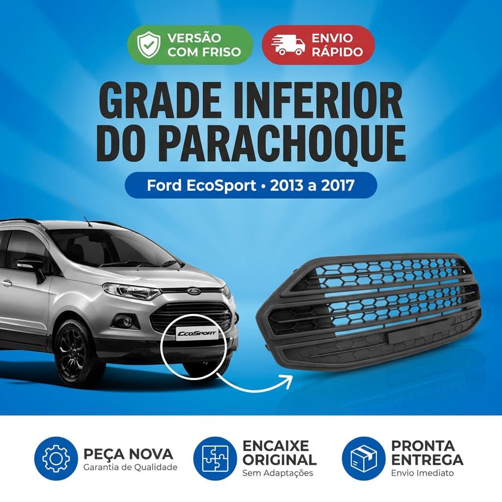 Grade Inferior Parachoque Dianteiro Ford EcoSport 2013 2014 2015 2016 2017 Com Friso Preta