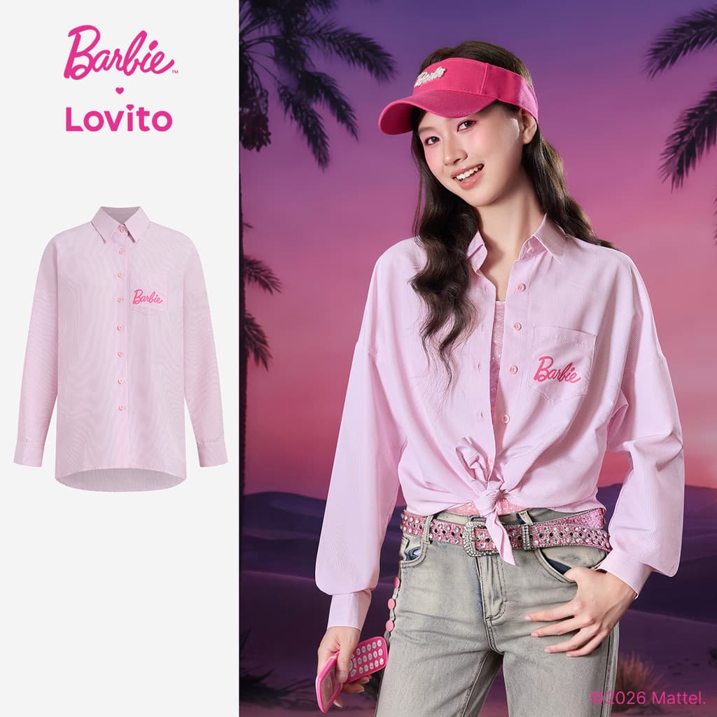 Barbie™ X Lovito Blusa Rosa Feminina Primavera/Verão Gola Ponta Manga Longa Botões Bolso LBL5AD008