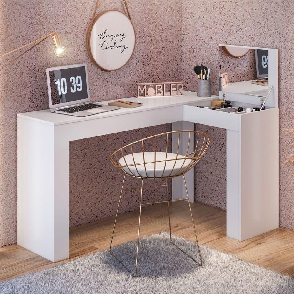 Escrivaninha Mesa Escritório Penteadeira em L Porta Objetos Jade 135,5cm Branca Branco