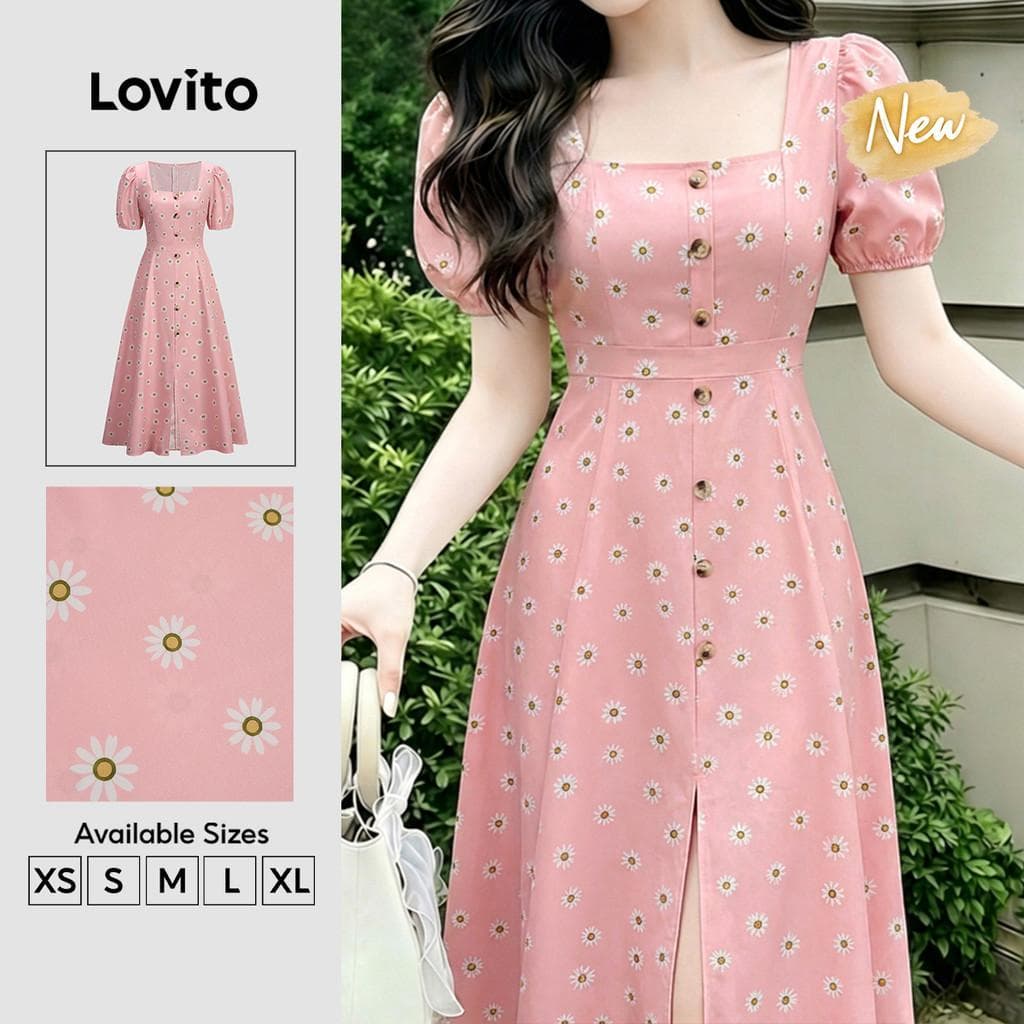 (New Arrival) Lovito Vestido Elegante com Botões e Flores Estrutura com Linhas para a feminino DRK8P2D664