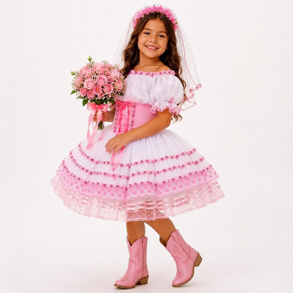 Vestido Noivinha de Festa Junina Infantil de Luxo Branco e Rosa Espartilho Super Rodado Com Tiara e Véu
