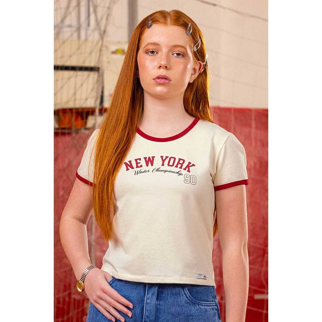 Blusa Juvenil Menina Manga Curta NY Beats Bege