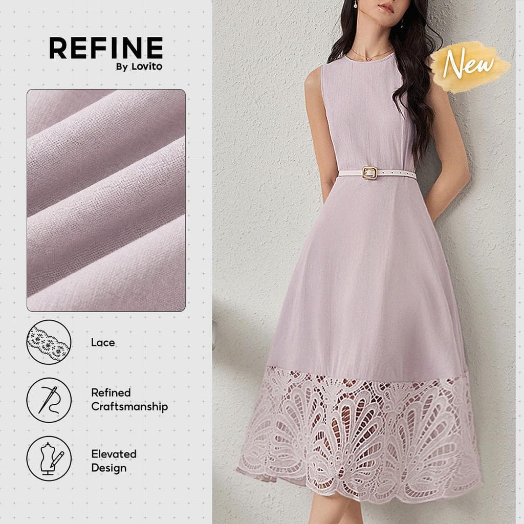 (New Arrival) (Refine by Lovito) Vestido Social Algodão Bordado AntiTranspiração Renda Roxo Claro Trabalho DRR42P1D069