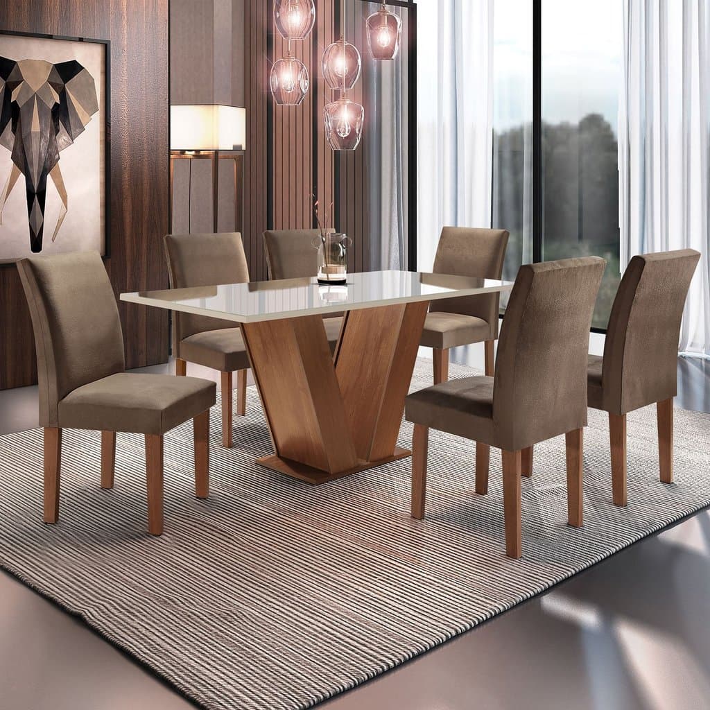 Conjunto Sala de Jantar Mesa Tampo de Vidro 6 Cadeiras Espanha Yescasa Chocolate/Off White/Animale Marrom