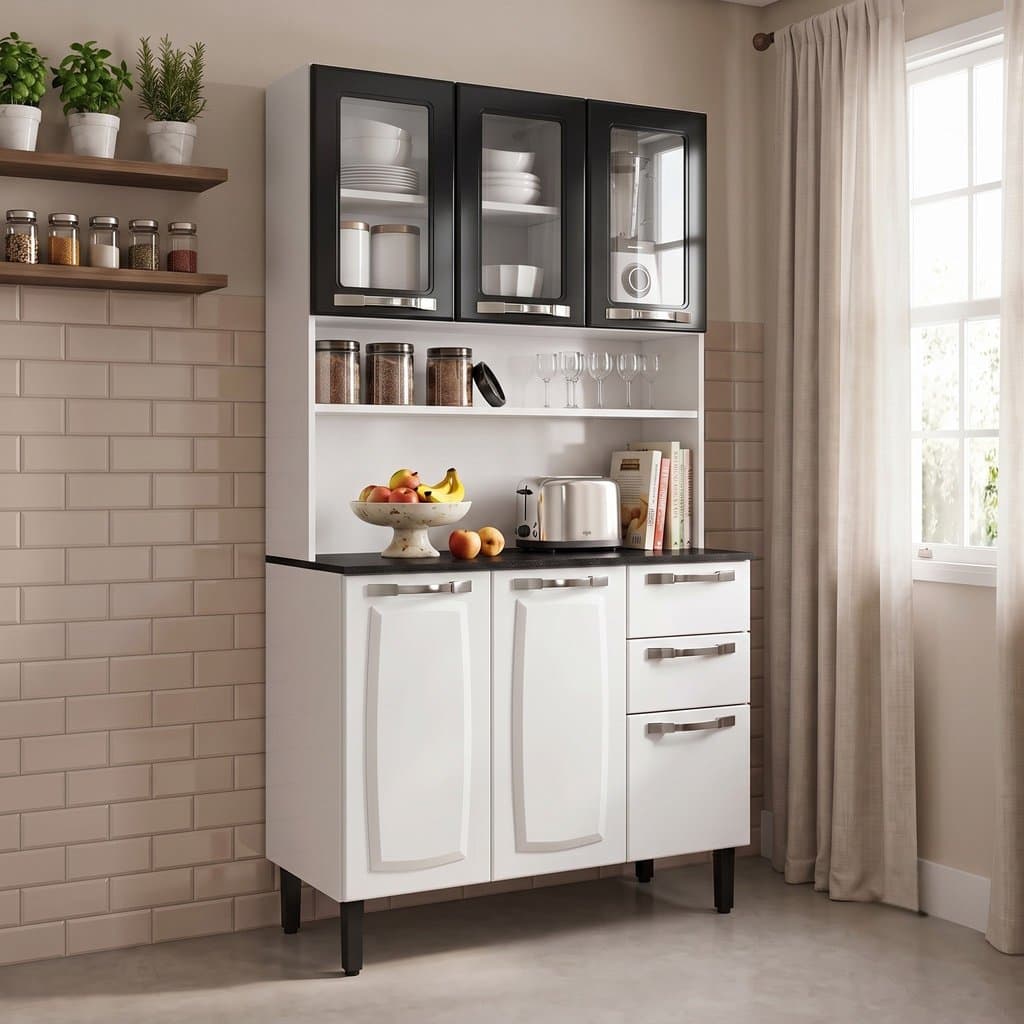 Armário de Cozinha em Aço com Vidro e Bancada 6 Portas 2 Gavetas 195cm Pratika Itatiaia Branco/Preto Branco/Preto
