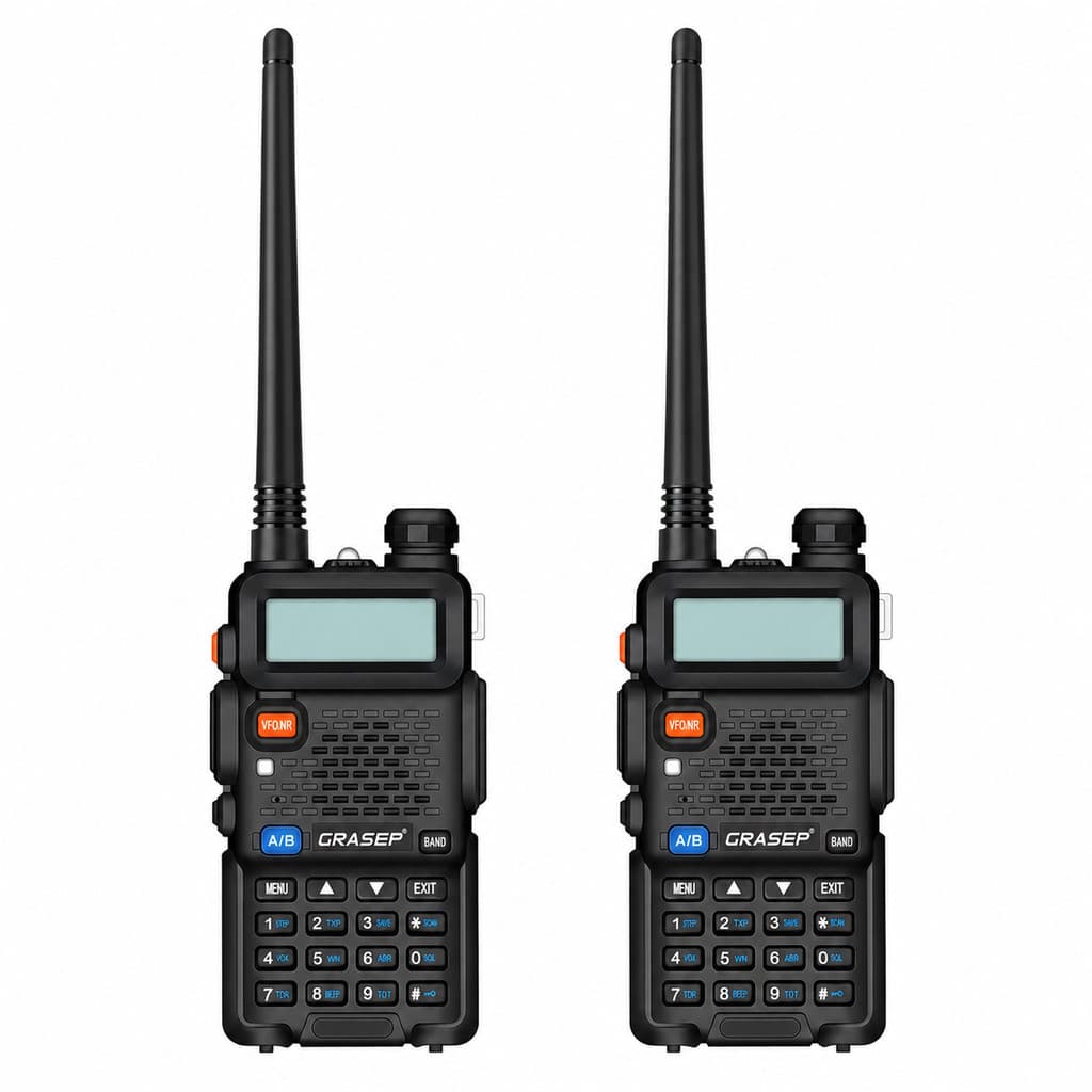 Kit 2 Rádios Comunicadores HT Walkie Talkie GRASEP D-5R Dual Band VHF UHF 128 Canais Até 8W Bateria 2800mAh