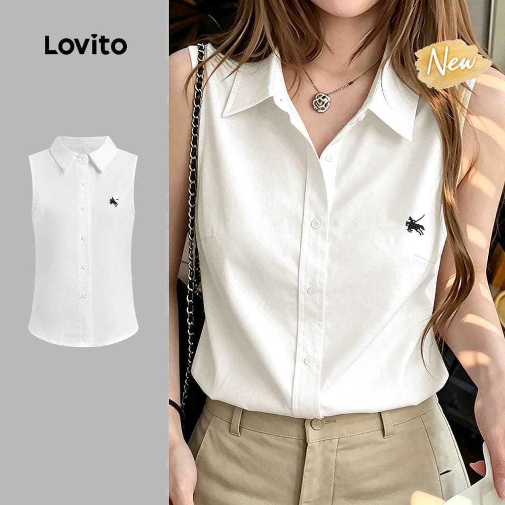 (New Arrival) Lovito Top Feminino Branco Elegante com Padrão Simples e Botões primavera/verão TKK8P2D854