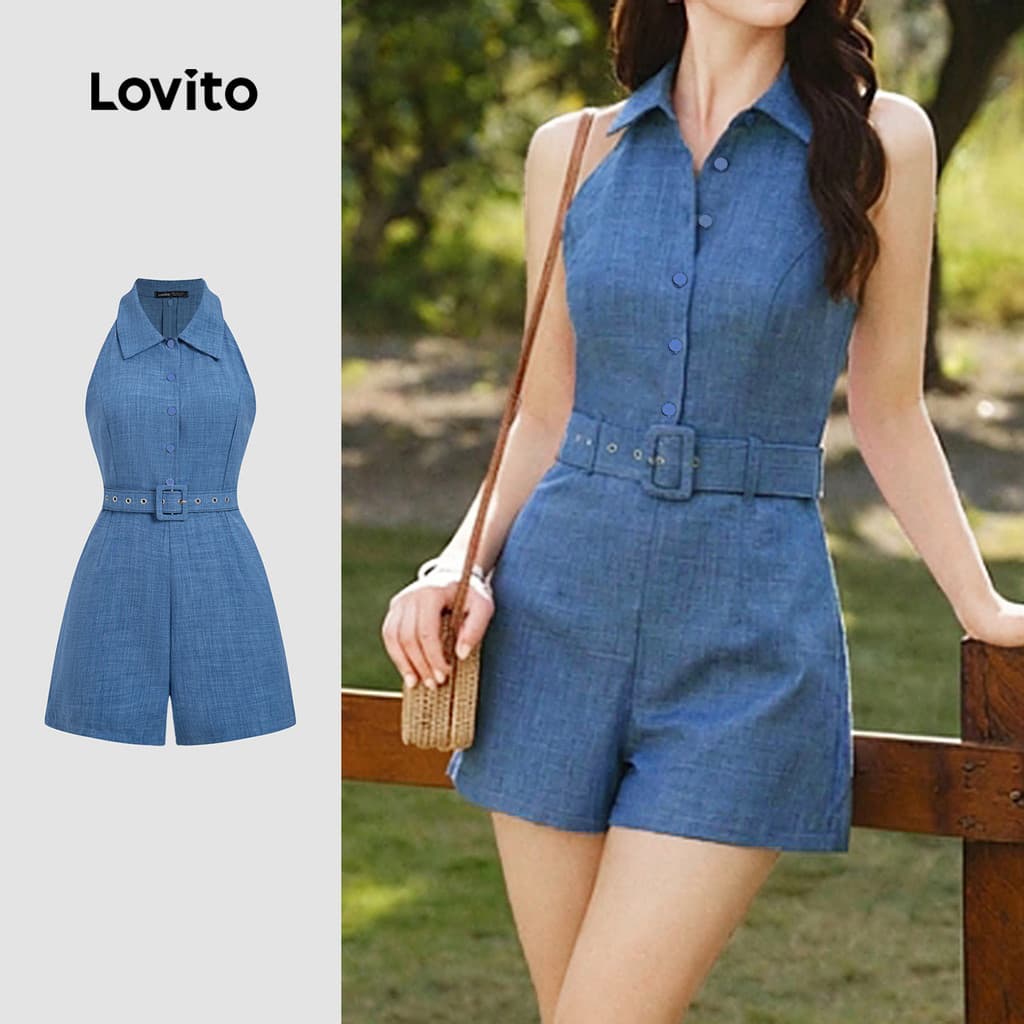 (New Arrival) Lovito Macacão Casual Azul com Cinto e Botões para Primavera/verão para mulheres L195AD218