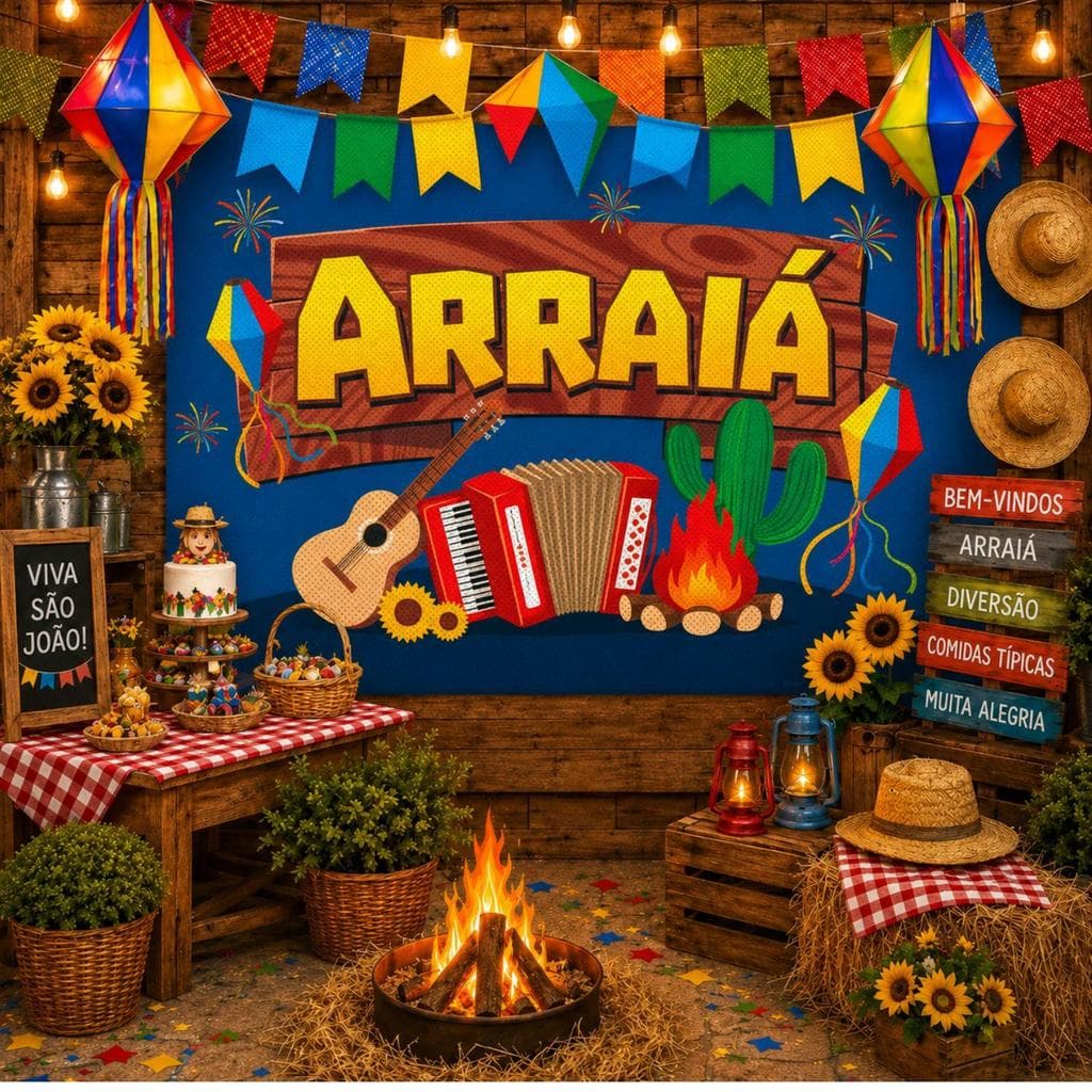 Painel Festa Junina Decoração Arraia com Sanfona Fogueira Fogos Balões 140 cm